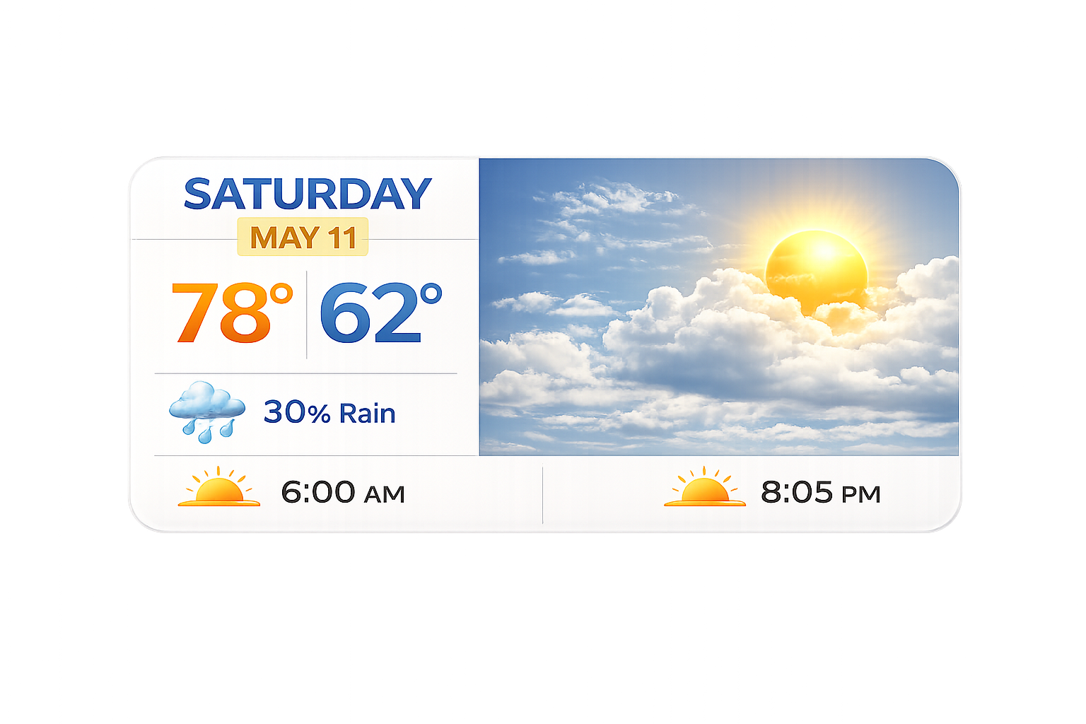 Sample LiveFrame: one-day weather clock with time and conditions